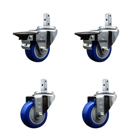 Service Caster 3'' Blue Polyurethane Wheel Swivel 7/8'' Square Stem Caster Set 2 Brakes, 4PK SCC-SQ20S314-PPUB-BLUE-PLB-78-2-S-2